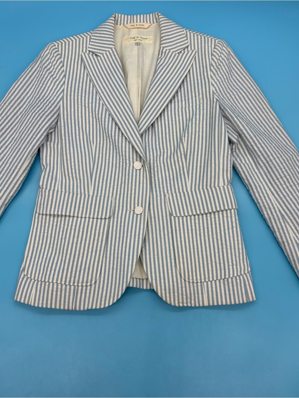 Rag & Bone Seersucker Blue White Striped Blazer Fitted Cotton Lined Size 6